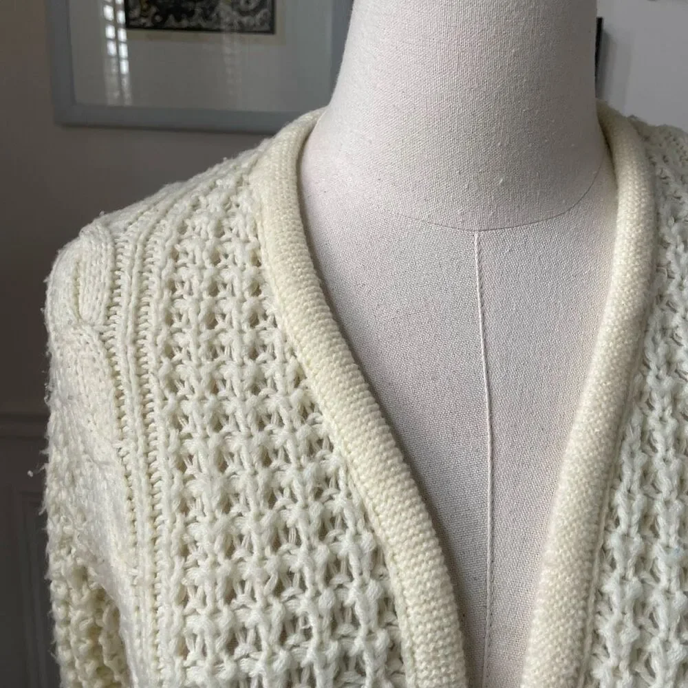 Vintage 80s Exclusive Imports Cropped Cardigan Sweater Fisherman Knit Ivory S M - Picture 3 of 7